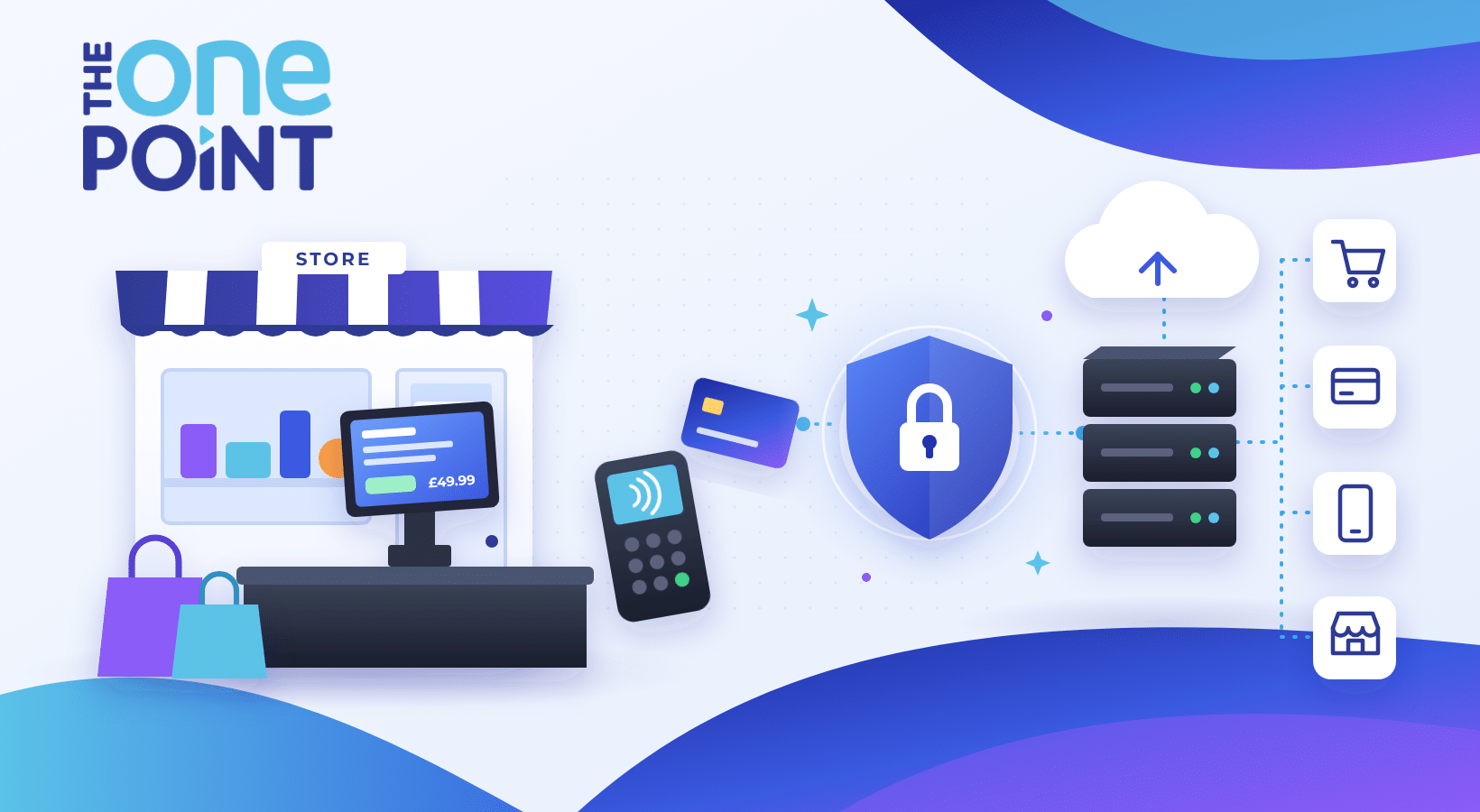 IT support for retail illustration with shop till, card reader, and cyber security shield